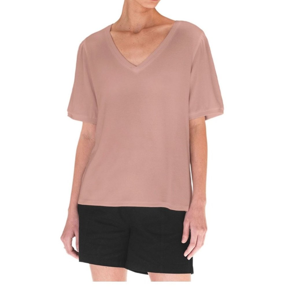 Mod Ref Women's XL Top V Neck Short Puff Sleeve Knit Shirt Mauve Pink XL